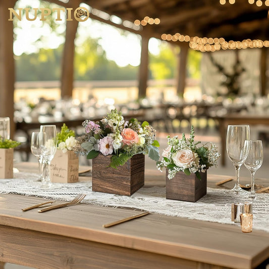 NUPTIO Wooden Box for Centerpiece Wedding: 6 Pcs Rustic Square Planter Box for Christmas Centerpiece Table Fall Decorations - 4×4" & 5×5" Small Wood Vases Flower Pots for Windowsill Home Garden Decor