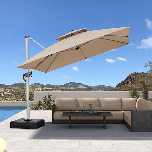 PURPLE LEAF 10ft Cantilever Outdoor Patio Umbrella Large Heavy Duty 360° Rotation Double Top Offset Rectangular Umbrellas for Backyard Deck Pool, Spectrum Sand
