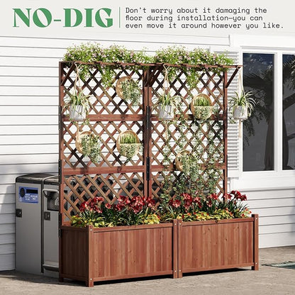 AMERLIFE Raised Garden Bed with Trellis for Vegetables, Climbing Plants, Durable Natural Wood Planter Box with Drainage Holes, Privacy Planter for Outdoor Yard & Patio, Easy Assembly