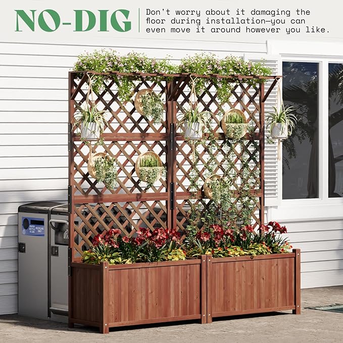 AMERLIFE 2 Pack Raised Garden Bed with Trellis for Vegetables, Climbing Plants, Durable Natural Wood Planter Box with Drainage Holes, Privacy Planter for Outdoor Yard & Patio, Easy Assembly