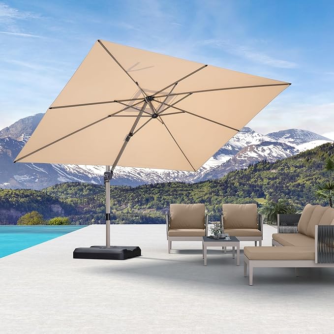PURPLE LEAF 9' X 11.5' Patio Umbrella, Rectangle Outdoor Cantilever Umbrella, Aluminum Offset Umbrella with Champagne Frame and 360° Rotation for Pool Deck Garden, Beige