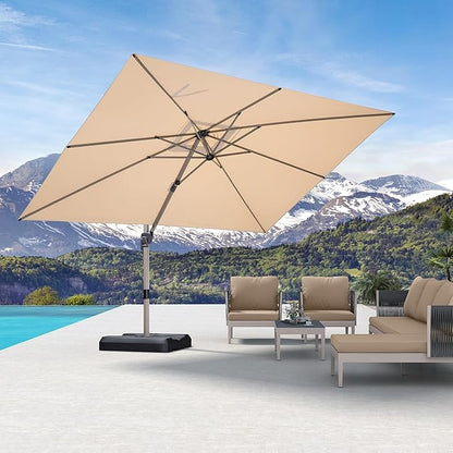 PURPLE LEAF 9' X 11.5' Patio Umbrella, Rectangle Outdoor Cantilever Umbrella, Aluminum Offset Umbrella with Champagne Frame and 360° Rotation for Pool Deck Garden, Beige