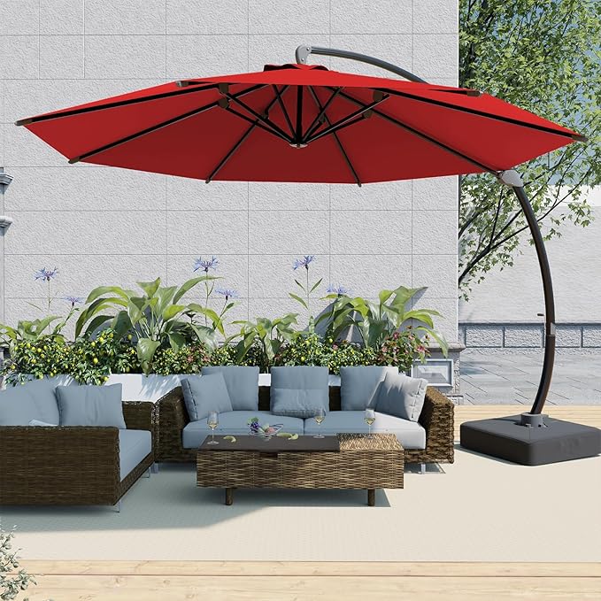 Outdoor Patio Umbrella with Sand Bag Included, 11 FT Deluxe Curvy Cantilever Umbrella Offset Hanging Umbrella with 360° Rotation for Market, Pool, Garden, Backyard, Deck