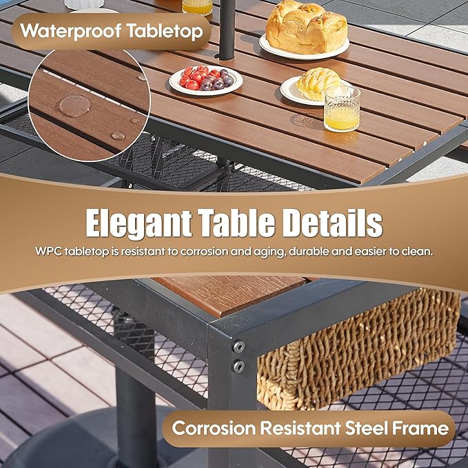 55'' Outdoor Picnic Table and Bench Set with 2" Umbrella Hole and Storage Shelf, Patio Dining Set for 6 People, Outdoor Dining Table and Chair for Garden Yard Porch- Brown