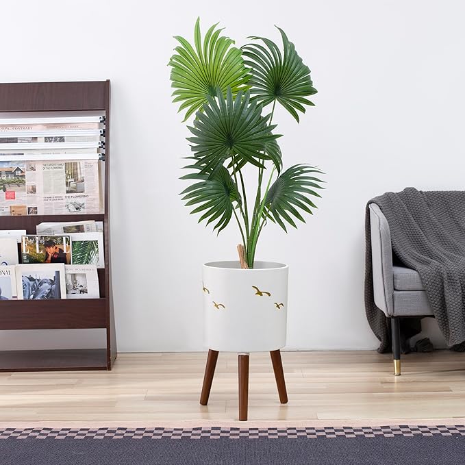 12 Inch Planter,Plant Pot with Stand for Indoor Plants,Large Modern Plant Pots with a Dove Pattern Indoor Outdoor with Drainage for Home Garden Patio,White and Gold