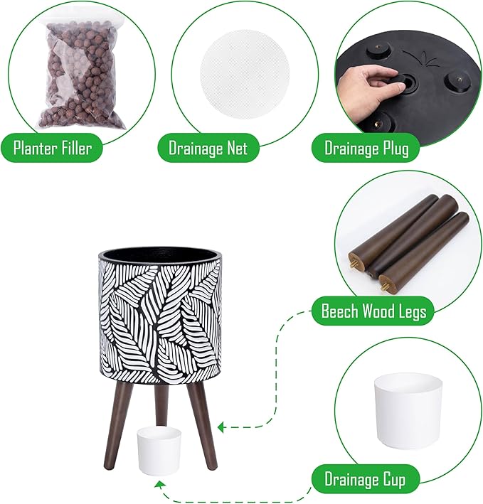 D'vine Dev 10 Inch Planter Pot with Stand, Mid-Century Tall Plant Pot with Legs for Indoor Plants, Medium, White/Grey, 88-L-B-7