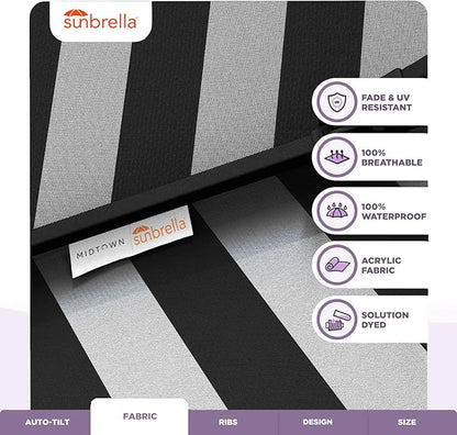 Midtown Umbrellas Sunbrella Umbrella 8 Feet Outdoor Umbrella With Sunbrella Black & White Acrylic Fabric - Auto-Tilt Aluminum Frame Patio Umbrella For Backyard, Deck, Garden, Pool - Black Pole