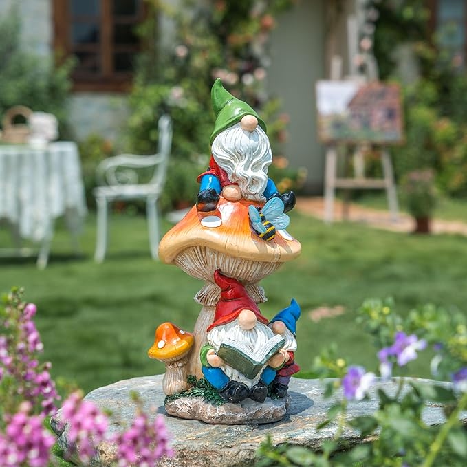 TERESA'S COLLECTIONS Garden Gnomes Statues Decorations for Yard with Solar Lights, Resin Gnome on Mushroom Reading Garden Decor Outdoor for Patio Lawn Ornaments,Ideal Gifts for Dad and Mom, 12.6"
