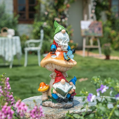 TERESA'S COLLECTIONS Garden Gnomes Statues Decorations for Yard with Solar Lights, Resin Gnome on Mushroom Reading Garden Decor Outdoor for Patio Lawn Ornaments,Ideal Gifts for Dad and Mom, 12.6"