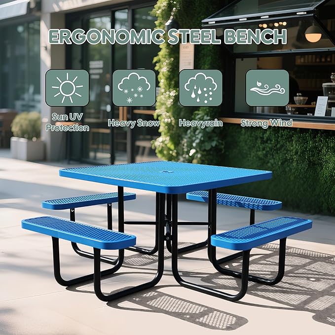 46" Square Picnic Table for Outside,Heavy Duty Metal Picnic Table Bench Set with 2in Umbrella Hole, 1600 lb Capacity,Commercial Dining Table Furniture for Garden Yard Patio Party Coffee Shop
