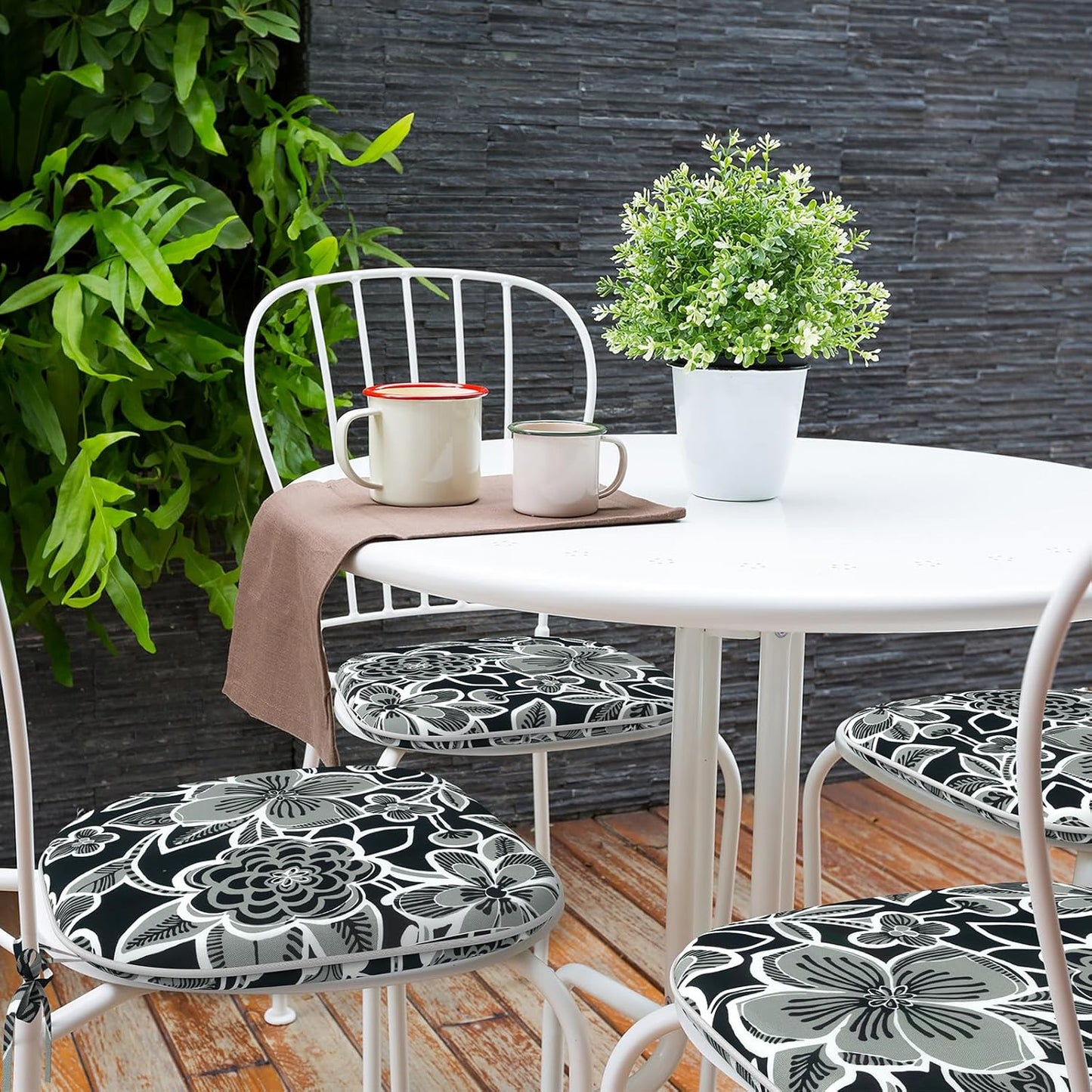 Indoor/Outdoor Chair Cushions 16x17 Inch, Patio Chair Cushions with Ties, All Weather Seat Cushions for Patio Furniture Home Garden Chair Use, Set of 4,Flower Black