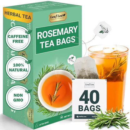 LeafLea 40 Premium Rosemary Tea Bags from 100% Natural Rosemary Leaves, Herbal Tea for Gentle Digestive Comfort, Te De Romero Earthy Taste & Light Aroma, Caffeine-Free, Sugar-Free, Non-GMO