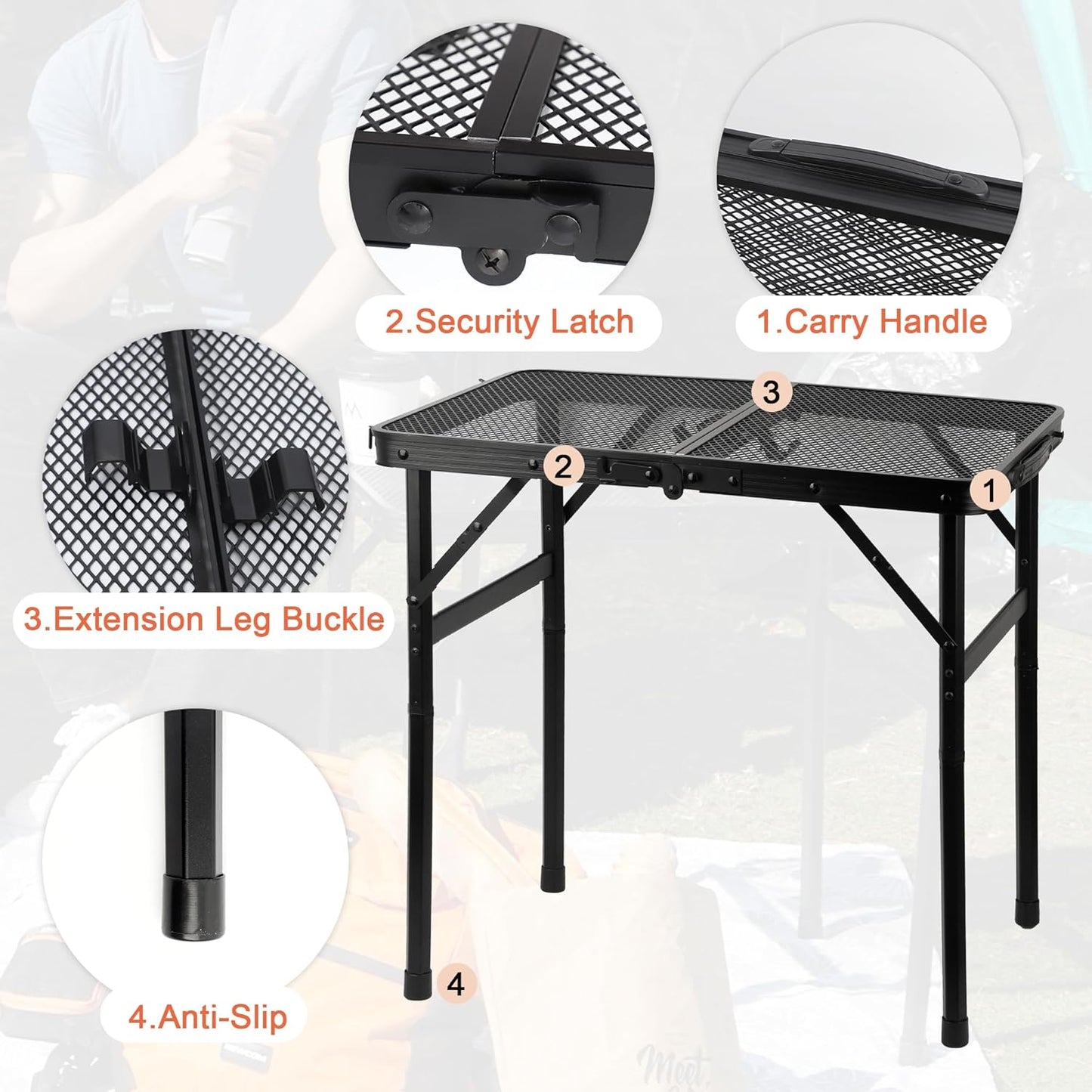 Camping Table with Mesh Desktop, Lightweight & Portable Small Folding Grill Table, Height Adjustable Metal Outdoor Table for Camp, Cooking, BBQ, RV, Picnic-2 FT Black