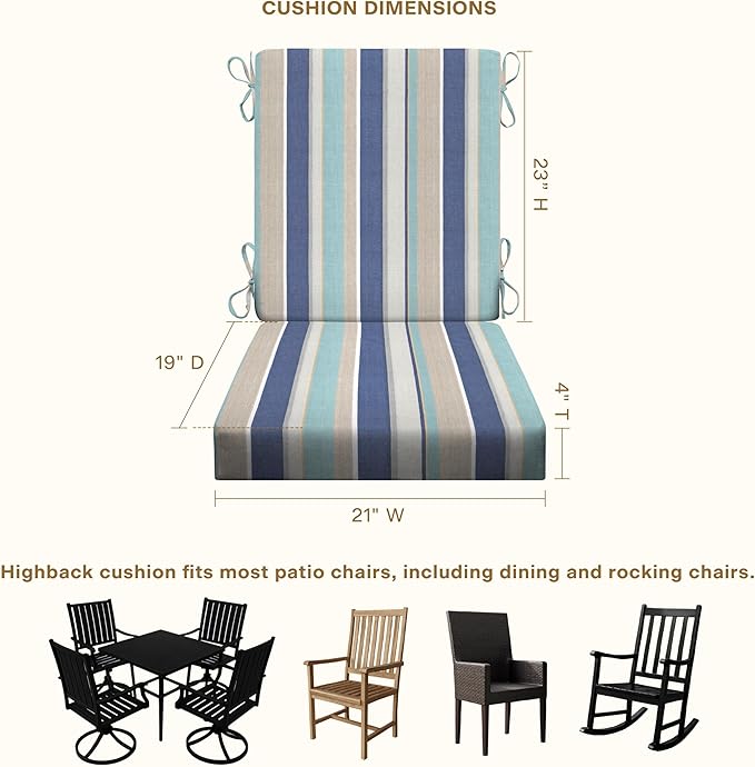 Honeycomb Outdoor Highback, 21 x 42, Stripe Blue & Beige Chair Cushion for Patio Furniture