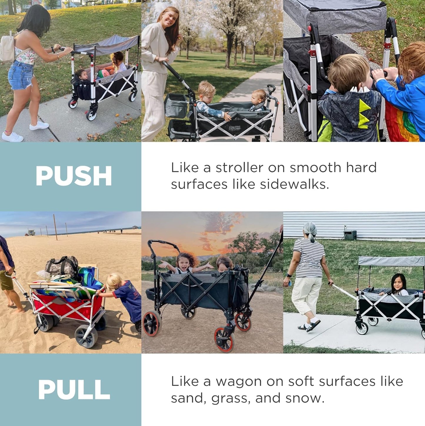 Creative Outdoor Wagon for Kids Push Pull Collapsible Stroller Folding Cart | Silver Series | Beach Park Garden & Tailgate | Teal