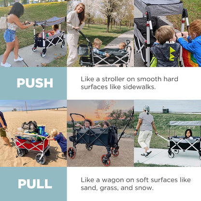 Creative Outdoor Wagon for Kids Push Pull Collapsible Stroller Folding Cart | Silver Series | Beach Park Garden & Tailgate | Teal