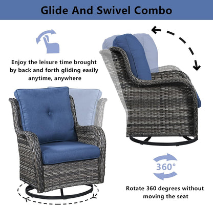 Wicker Outdoor Furniture Patio Furniture Set - 6 Piece Patio Conversation Set with Swivel Rocker Chairs, Loveseat Sofa, Ottomans and Coffee Table, Blue Cushion