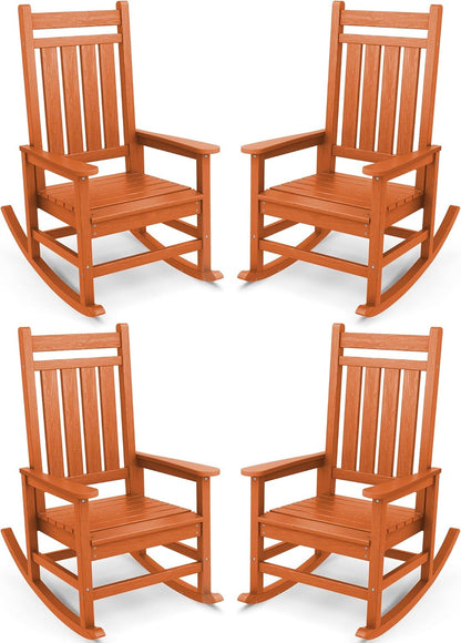 SERWALL Outdoor Rocking Chair Set of 4, HDPE Rocking Chairs for Adult, All Weather Porch Rockers for Lawn Garden, Orange