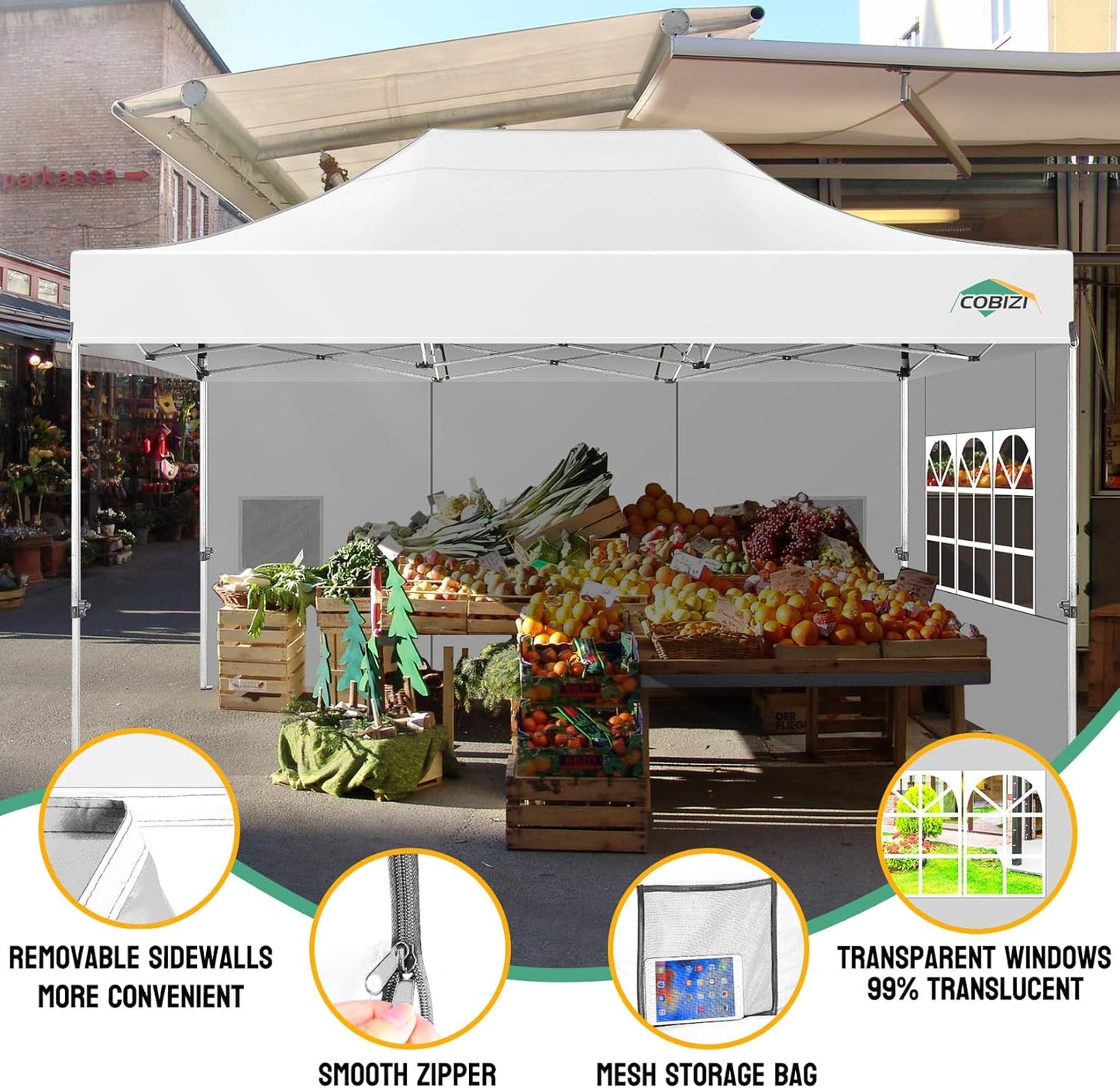 COBIZI 10x15 Pop up Canopy Heavy Duty with 4 Sidewalls, Easy Set-up Commercial Outdoor Party Canopy, 100% Waterproof Wedding Gazebo, 3 Height Adjustable with Handbag, White