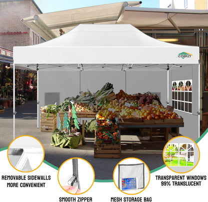 COBIZI 10x15 Pop up Canopy Heavy Duty with 4 Sidewalls, Easy Set-up Commercial Outdoor Party Canopy, 100% Waterproof Wedding Gazebo, 3 Height Adjustable with Handbag, White