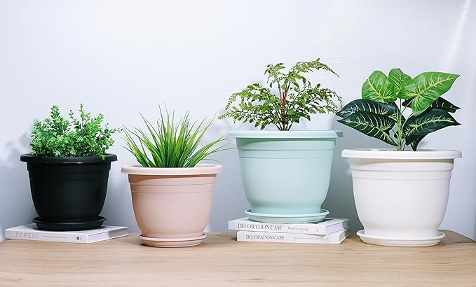 5 Packs 14 inch Flower Pots + Saucer, Planters for Indoor & Outdoor Plants with Drainage Holes | Plastic Flower Pots, Large Planter (White, 14 inch)