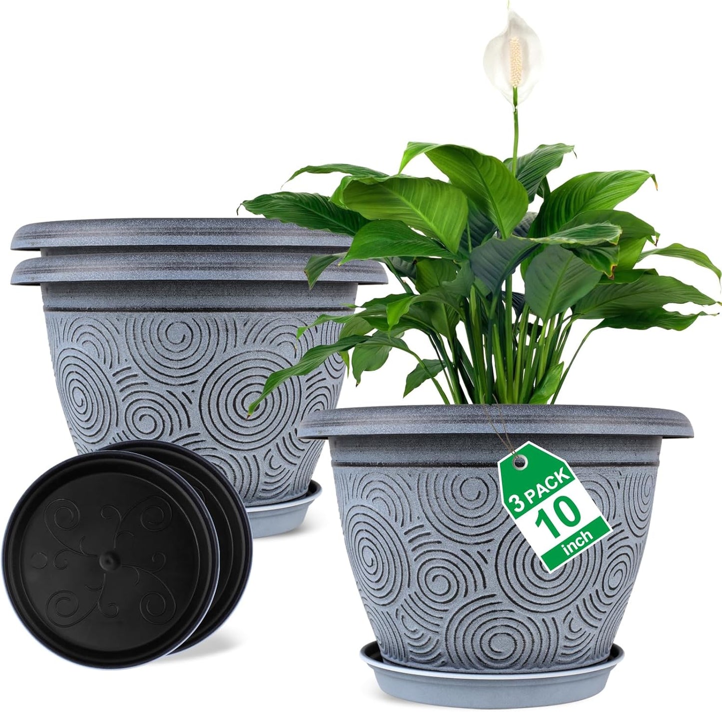 10 Inch Flower Pots Planters for Indoor Outdoor Plants, 3 Pack Plastic Large Plant Pots with Drainage Hole & Tray, Modern Decorative Garden Pot with Saucer, Plant Container for House