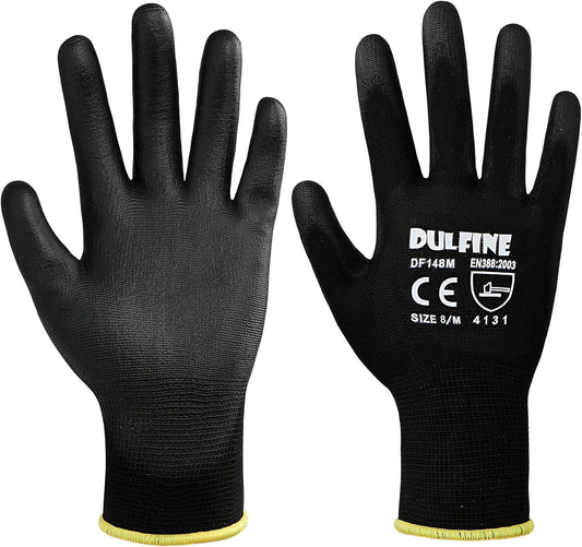 DULFINE Ultra-Thin PU Coated Work Gloves-12 Pairs,Excellent Grip,Nylon Shell Black Polyurethane Coated Safety Work Gloves, Knit Wrist Cuff,Ideal for Light Duty Work. (Medium)