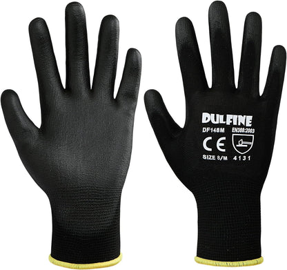 DULFINE Ultra-Thin PU Coated Work Gloves-12 Pairs,Excellent Grip,Nylon Shell Black Polyurethane Coated Safety Work Gloves, Knit Wrist Cuff,Ideal for Light Duty Work. (Large)