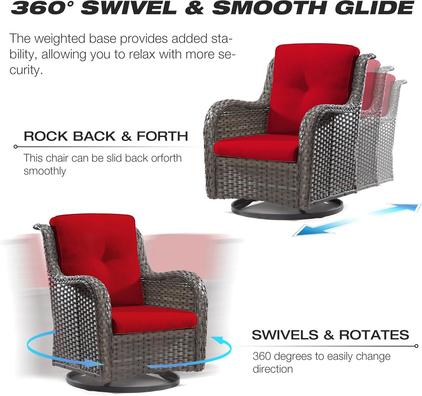 Joyside Outdoor Swivel Rocker Patio Chair and Matching Side Table - 2-Piece Wicker Patio Bistro Set with Premium Fabric Cushions (Brown Mixed with Grey/Red)