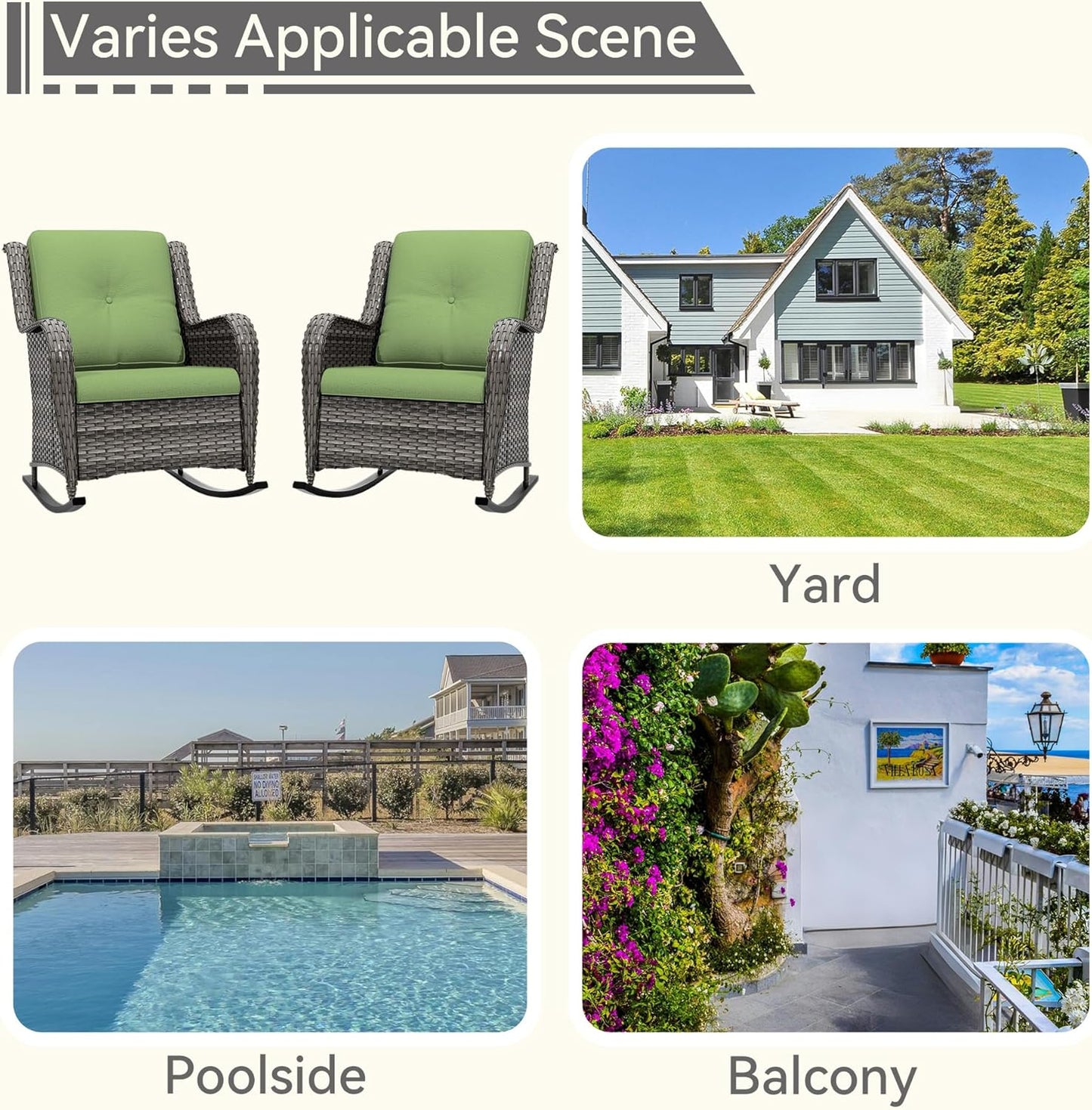 Outdoor Rocking Chair of 2, Wicker Patio Rocker Chair for Yard, Porch, Mixed Brown Grey Rattan, Green Cushions