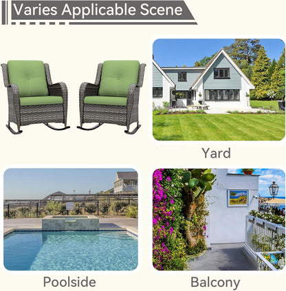 Outdoor Rocking Chair of 2, Wicker Patio Rocker Chair for Yard, Porch, Mixed Brown Grey Rattan, Green Cushions