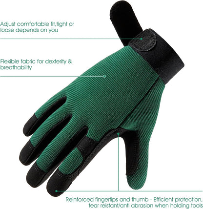 COOLJOB Thorn Proof Garden Gloves with Touchscreen Fingers for Men, Rose Pruning Work Gloves with Palm Cushion for Gardener, Farmer and Landscaper (Green 1 Pair Large)