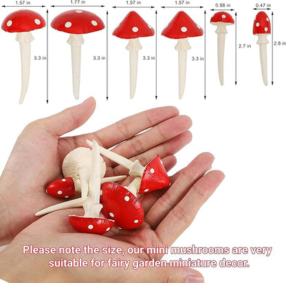 Juegoal Set of 6 Fairy Garden Miniature Mushrooms Statues, Glow in Dark Mini Red Mushroom Resin Figurines, Outdoor Garden Yard Art Accessories, Fly Agarics Sculpture Lawn Ornament Decorations