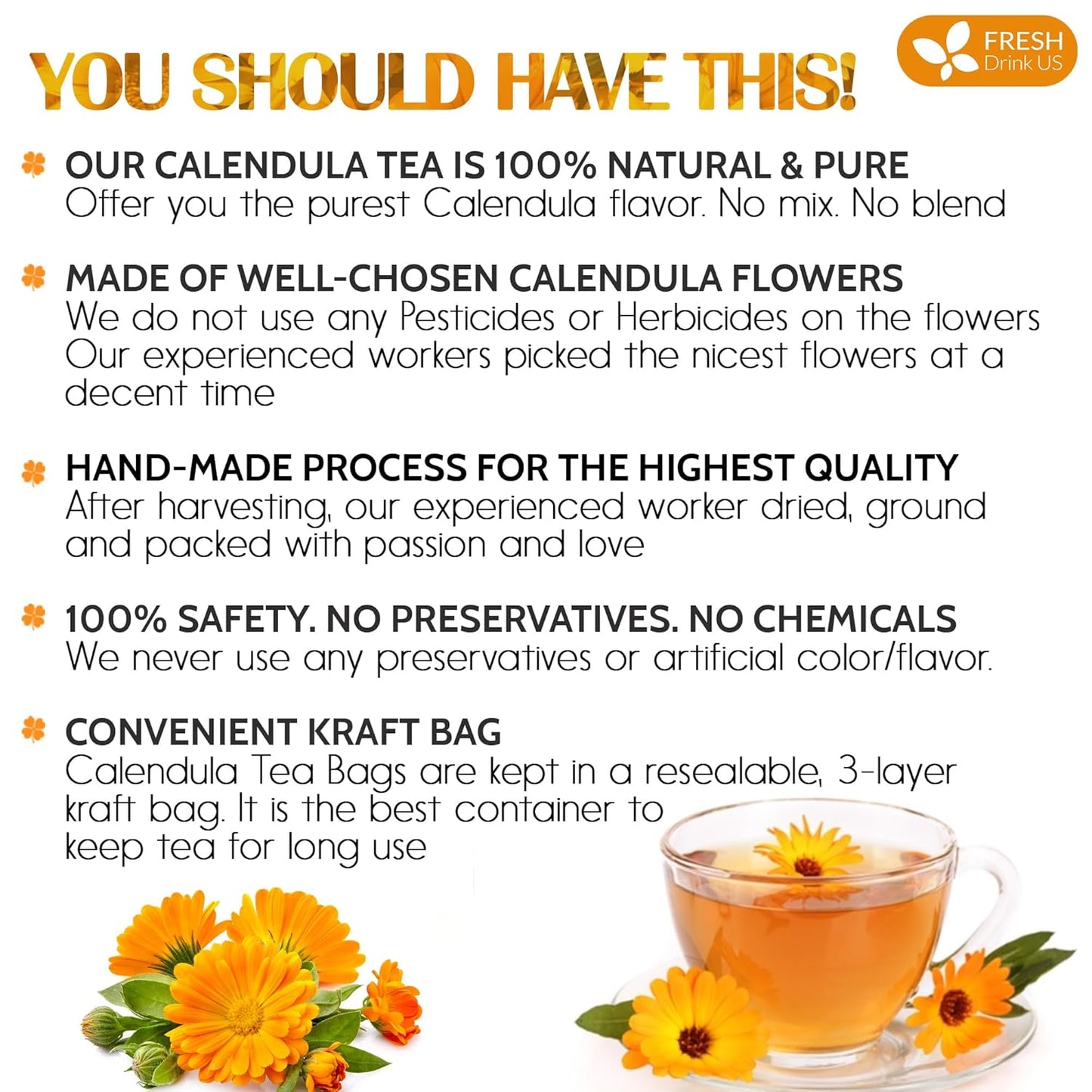 FRESHDRINKUS Premium 100% Natural Calendula Flower Tea Bags, 135 Count, Herbal Tea, Caffeine Free, Sugar Free, Gluten Free, Vegan