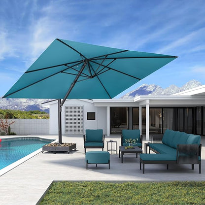 PURPLE LEAF 11' X 15' Rectangle Patio Umbrella Large Cantilever Outdoor Aluminum Offset Umbrella with 360-degree Rotation Umbrella for Garden Deck Backyard Pool Turquiose Blue