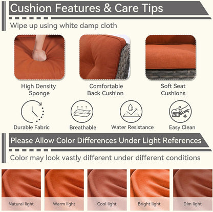 1 PC Outdoor Rocking Chair, Wicker Patio Rocker Chair for Yard, Porch, Mixed Brown Grey Rattan, Orange Cushions