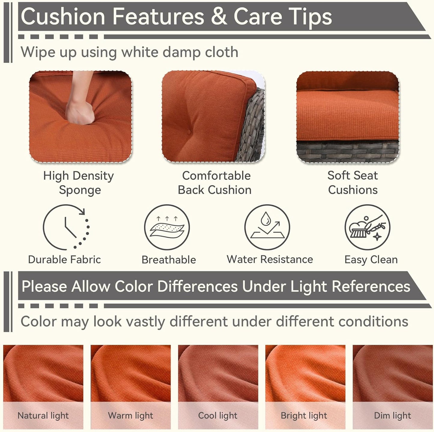 Outdoor Rocking Chair of 2, Wicker Patio Rocker Chair for Yard, Porch, Mixed Brown Grey Rattan, Orange Cushions