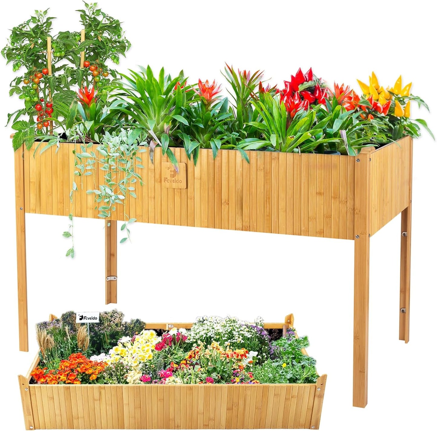 Raised Garden Bed - 2-Tier Elevated Planter Box for Herbs, Vegetables, Succulents & Flowers | 48x25x30 Inch Standing Growing Bed | Outdoor/Indoor Bamboo Planter