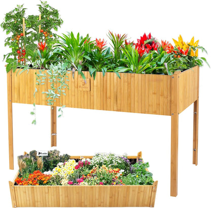Raised Garden Bed - 2-Tier Elevated Planter Box for Herbs, Vegetables, Succulents & Flowers | 48x25x30 Inch Standing Growing Bed | Outdoor/Indoor Bamboo Planter