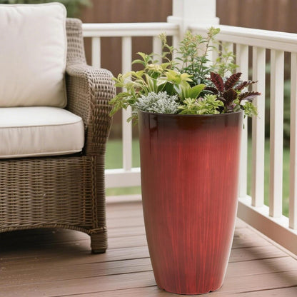 Worth Garden 20" H. Plastic Planters - Set of 2 Gradient Red Glossy Smooth Finish - Tall Plant Pots Drain Hole for Indoor Outdoor Use - Decorative Lightweight Flower Pots for Front Porch, Patio, Deck