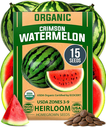 HOME GROWN 𝗨𝗦𝗔 𝗣𝗥𝗘𝗠𝗜𝗨𝗠 𝗢𝗥𝗚𝗔𝗡𝗜𝗖 Watermelon Vegetable Seeds (Crimson Sweet) – 15 Non-GMO, Heirloom Water Melon (7g) for Planting in Home Gardens or Beds Outdoors – Citrullus lanatus