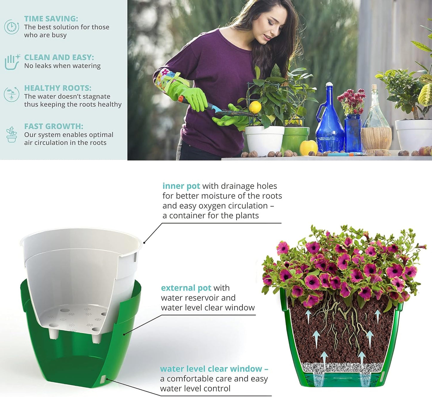 Santino ASTI 7.1 Inch Self Watering Planter Black-Gold/Black for Indoor Plants - Premium Quality Modern Plastic Planter Pot w/Water Level Indicator for All House Herbs, Plants, African Violets