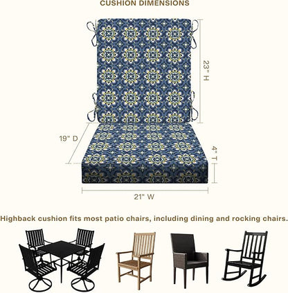 Honeycomb Outdoor Highback, 21 x 42, Medina Medallion Blue Chair Cushion for Patio Furniture