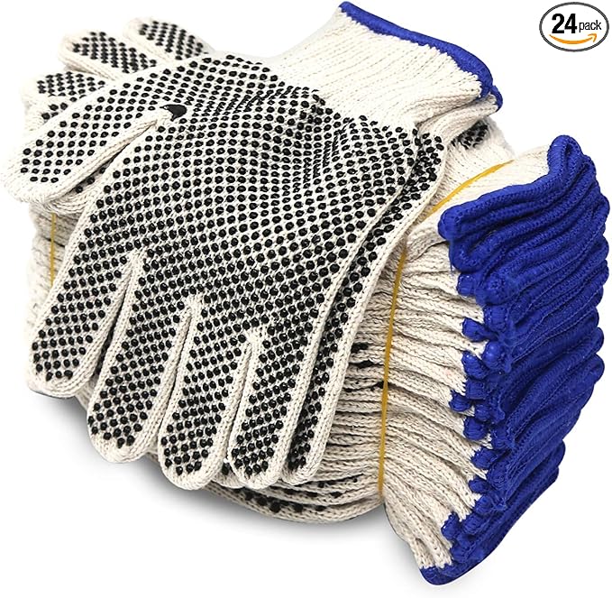 Evridwear Cotton Polyester String Knit Shell Safety Protection Work Gloves for Painter Mechanic Industrial Warehouse Gardening Construction Men & Women 12 Pairs, With Two Side dots, M Size