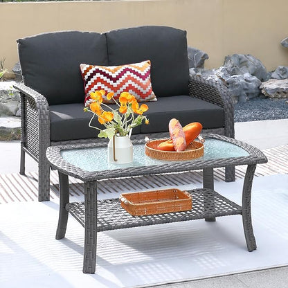 ovios 2 Pieces Patio Furniture Set, Outdoor Wicker Sofa with Glass Coffee Table, All Weather High Back Rattan Loveseat Couch 2 Seats with Comfy Cushions, Black