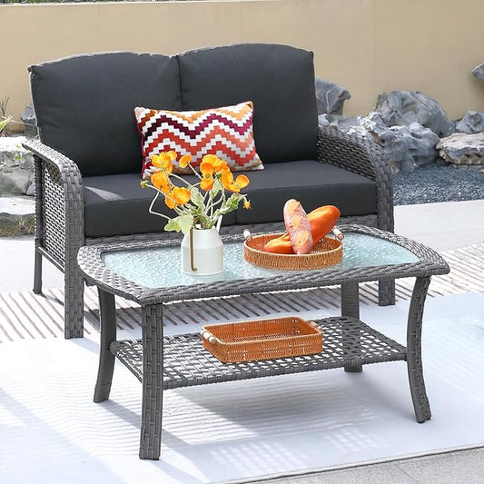 ovios 2 Pieces Patio Furniture Set, Outdoor Wicker Sofa with Glass Coffee Table, All Weather High Back Rattan Loveseat Couch 2 Seats with Comfy Cushions, Black