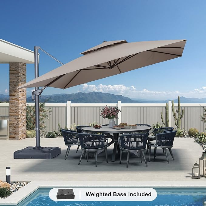PURPLE LEAF 12 FT Cantilever Patio Umbrella Outdoor Umbrella with 330lbs Base Large Square Windproof Offset Umbrella for Pool Deck Garden, Ash Mocha