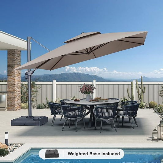 PURPLE LEAF 12 FT Cantilever Patio Umbrella Outdoor Umbrella with 330lbs Base Large Square Windproof Offset Umbrella for Pool Deck Garden, Ash Mocha