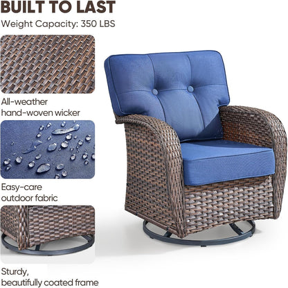 5-Piece Rotating Balcony Chair Set with 31-inch T-Shaped Wide backrest - Rattan Outdoor Rotating Balcony Chairs, Wide backrest Comfortable Outdoor Sliding Chair - Brown | Blue