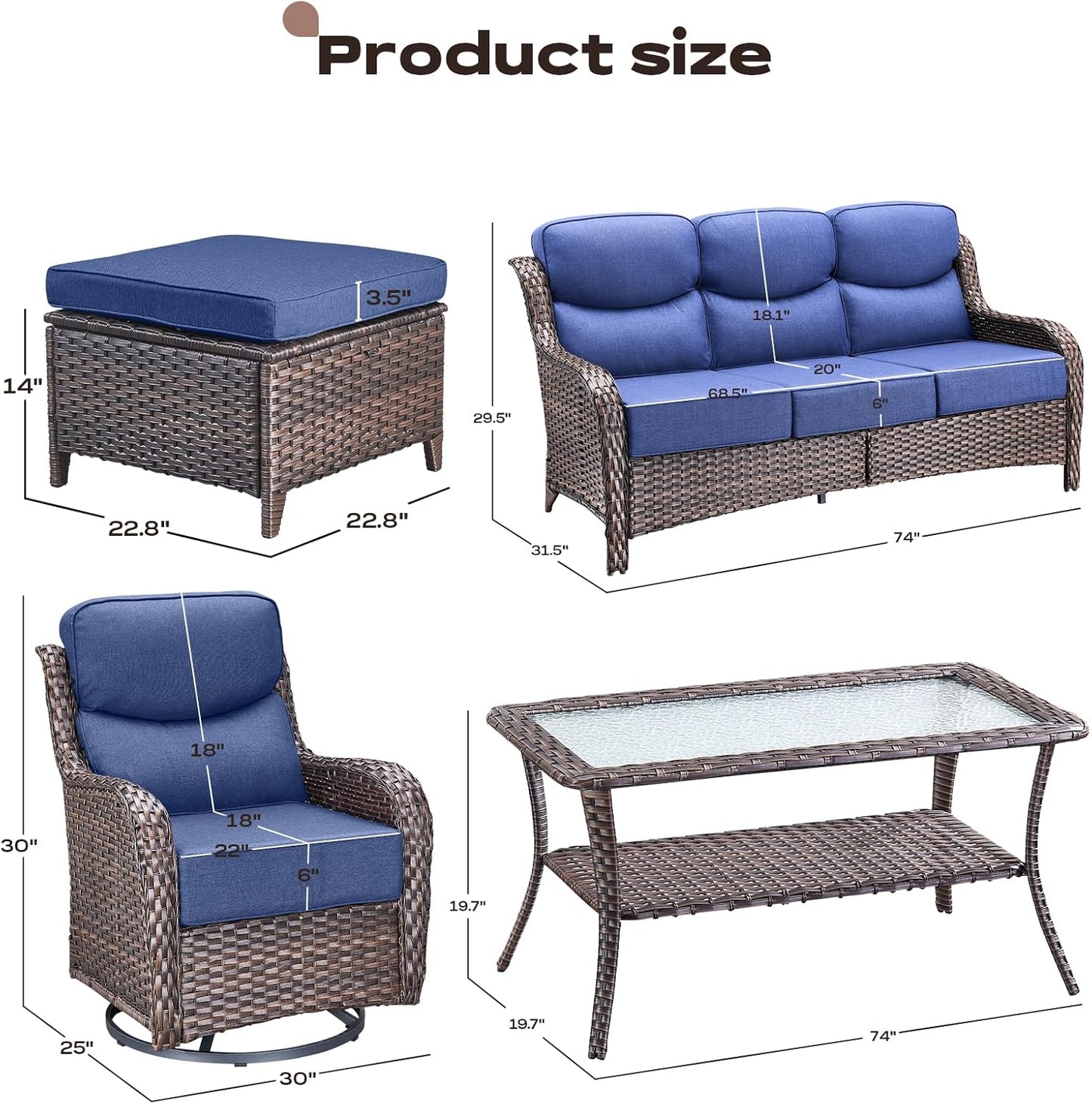 Wicker Outdoor Patio Furniture Set - 6 Piece Patio Conversation Sets with Swivel Rocker Chairs, Ottomans, Sofa and Table, 6 inch Cushions, Deep Seating, for Porch Deck Brown/Blue